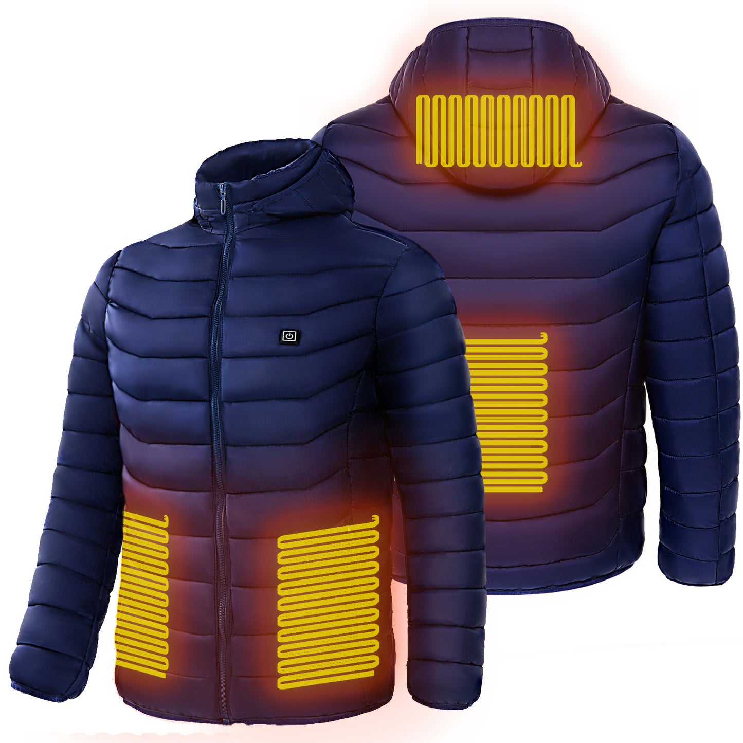 Blue heated jacket with visible heating elements on a white background