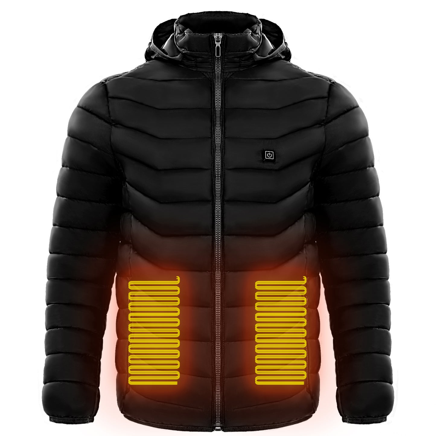 Black heated jacket with visible heating elements on a white background