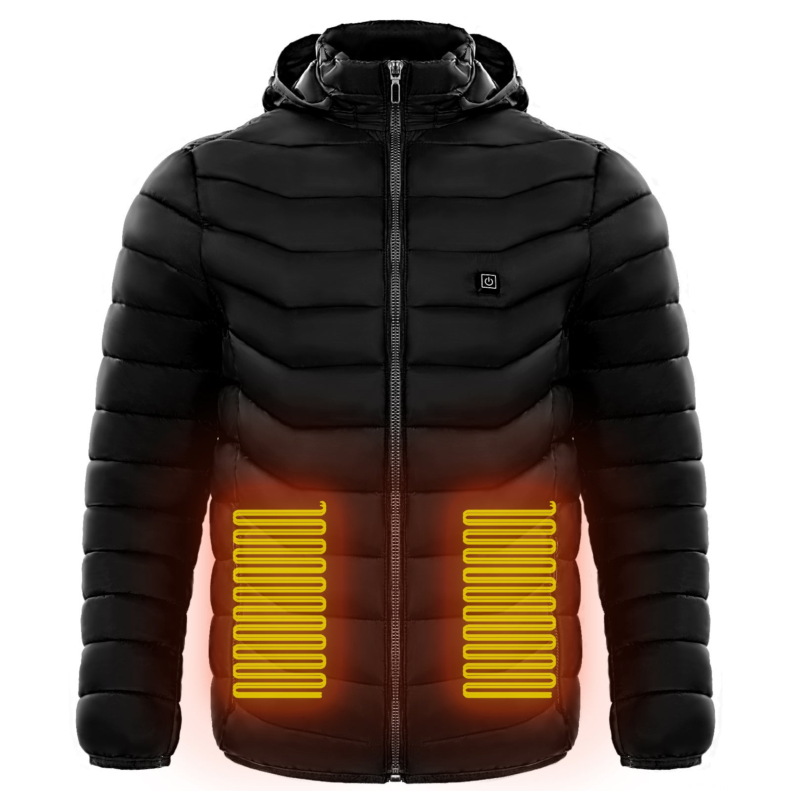 Black heated jacket with visible heating elements on a white background